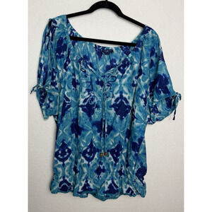 Bandolino Denim Women's Blue Tie Dye Blouse Size Large Tie Neck